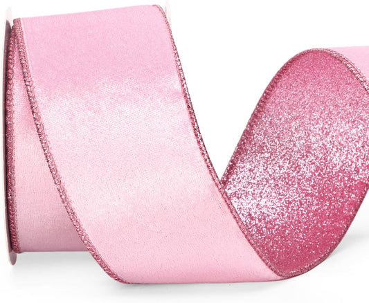 Ribbli Pink Velvet Wired Ribbon 2.5 Inch Velvet with Glitter Christmas Ribbon for Tree Decoration Big Bow Gift Wrapping Crafts Wreaths Supplies - 10 Yards