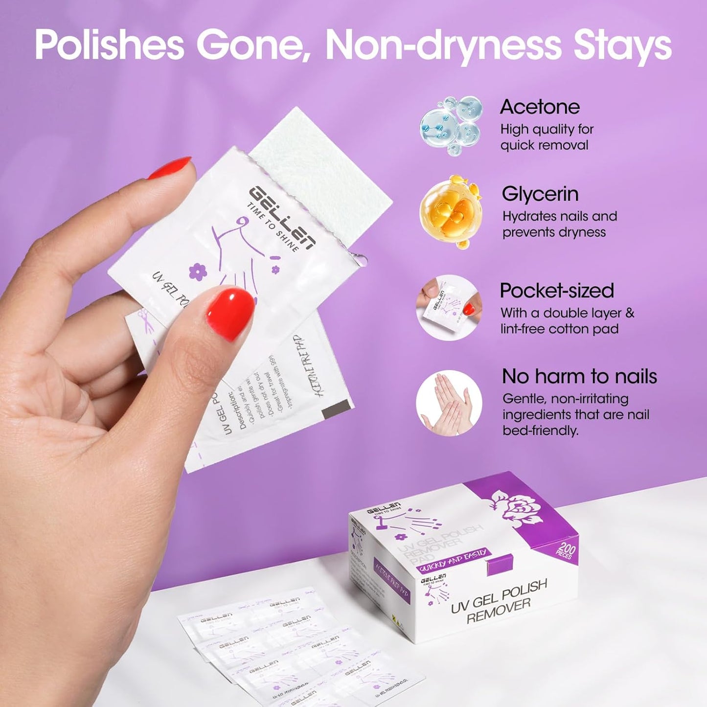 Gellen Acetone Gel Nail Polish Remover Pads: 400 Pack Professional Nail Polish Remover Pads, Individually Wrapped Travel Bulk Set to Remove Gel Fingernail Polish for Home & Salon Supplies