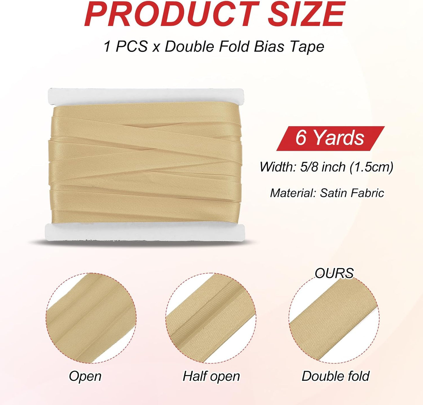 MECCANIXITY Double Fold Bias Tape for Sewing 5/8 Inch x 6 Yards Satin Pre-fold Continuous Binding Tape for Seaming Quilting Hemming Binding DIY Crafts, Light Brown