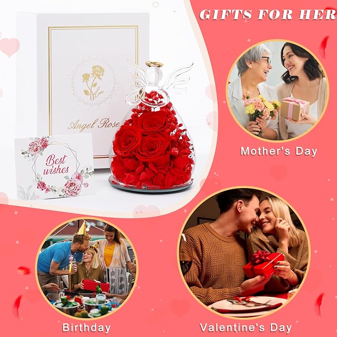 Beferr Valentines Day Rose Gifts for Her Women Mom Gifts for Birthday, Fresh Flowers for Delivery Forever Preserved Rose in Glass Angel Figurine, for Grandma Wife Daughter Girlfriend