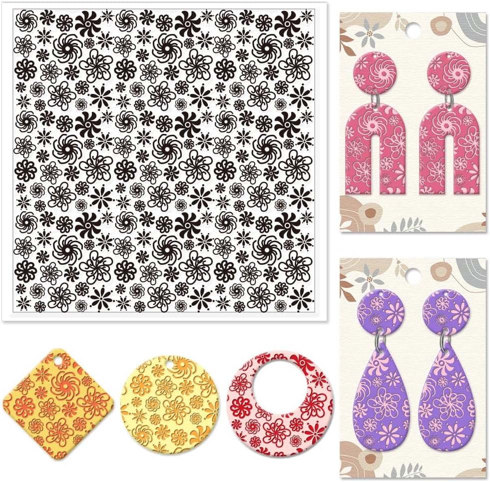 CHGCRAFT Plum Blossoms Polymer Clay Texture Sheets Art Rotation Flowers Silicone Texture Stamp Clay Texture Mat Modeling Pattern Pad Texture Sheets for Jewelry and Clay Earrings Tools