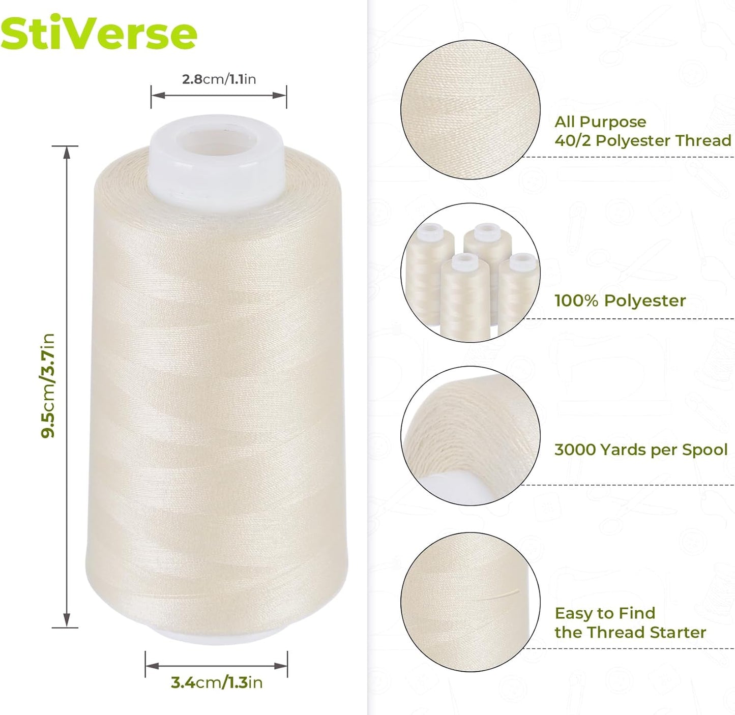 4 Pack Light Beige Thread of 3000 Yards Each, All Purpose Polyester Thread for Sewing, Overlock, Quilting, Piecing