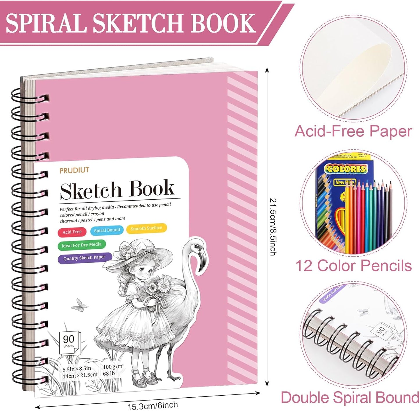 Sketch Book with 12 Color Pencil Set, 90 Sheets Spiral Sketchbook for Drawing (68lb/100gsm), Acid-Free Sketch Pad for Kids Artist, Art Paper Drawing Supplies for Gifts(Pink)