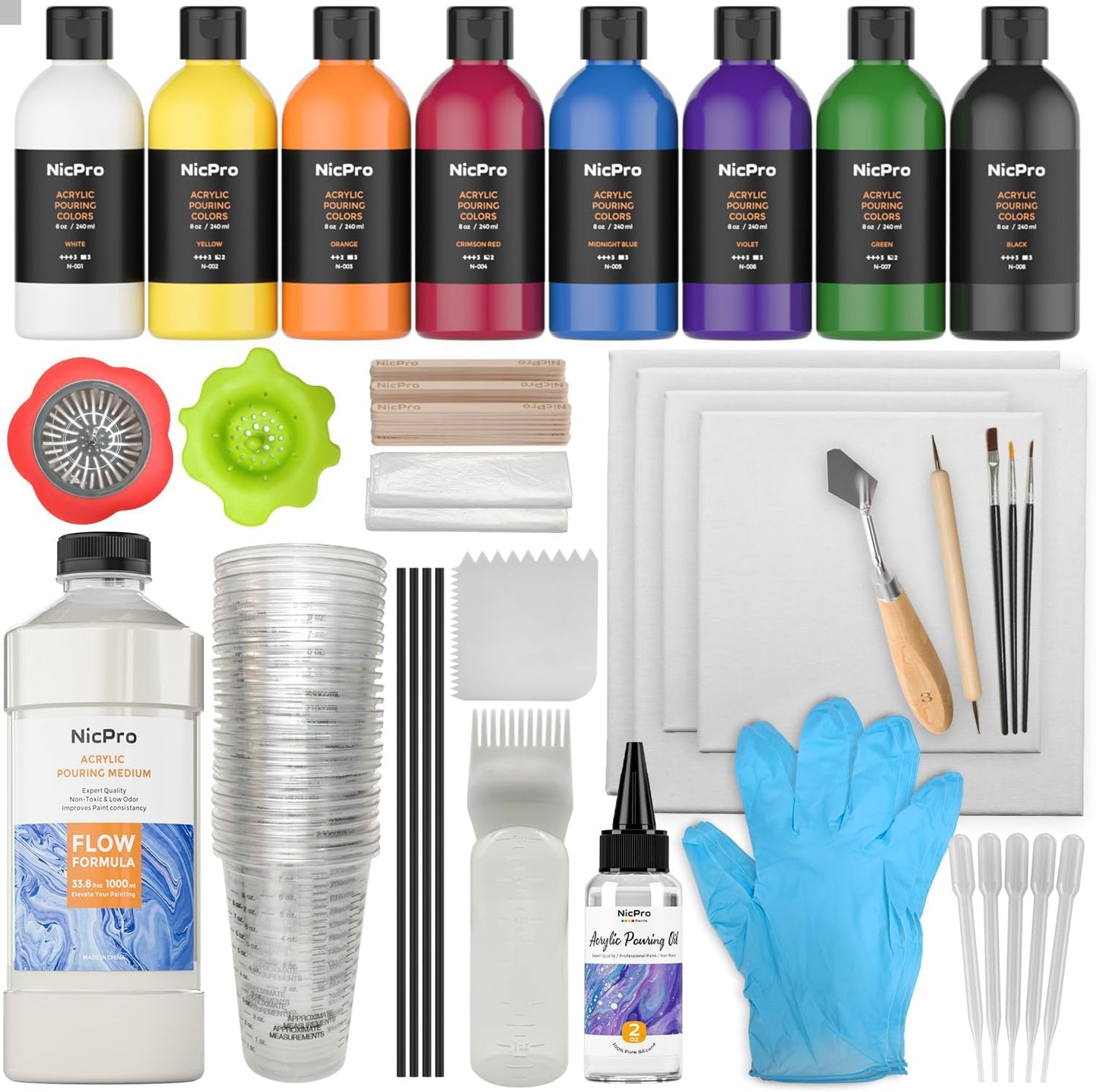 Nicpro Large Bulk Acrylic Pouring Paint, Art Starter Supplies with 8 Colors 8.45 oz Acrylic Paints, Pouring Medium, Silicone Oil, Canvases, Cups, Sticks, Tools Gloves, Strainers for Flow DIY Painting