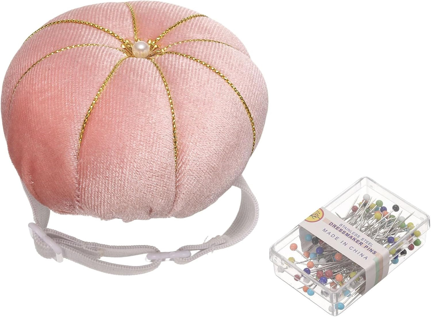 HARFINGTON Wrist Pin Cushion Wristband Sewing Pincushion Polyester Pin Holder Wearable Pumpkin Shaped Needles Wristband with 100 Head Needles for Sewing Quilting DIY Crafts, Pink