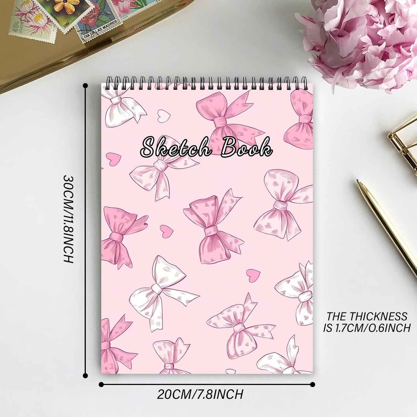 Deokke Sketchbook Top Spiral Bound Sketch Pad, 9 x 12 inch,100GSM Thick Paper,50 Sheets 100 Pages,Art Sketch Book Aesthetic Cute Drawing Writing Paper for Girls Women-Pink Bowknot