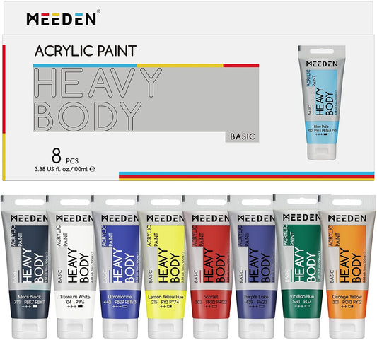 MEEDEN Heavy Body Acrylic Paints: Satin Finish Acrylic Paint for Halloween Pumpkin Painting - 100ml/3.38oz 8 Primary Colors Thick Basic Art Paint Tubes for Pumpkin Decoration