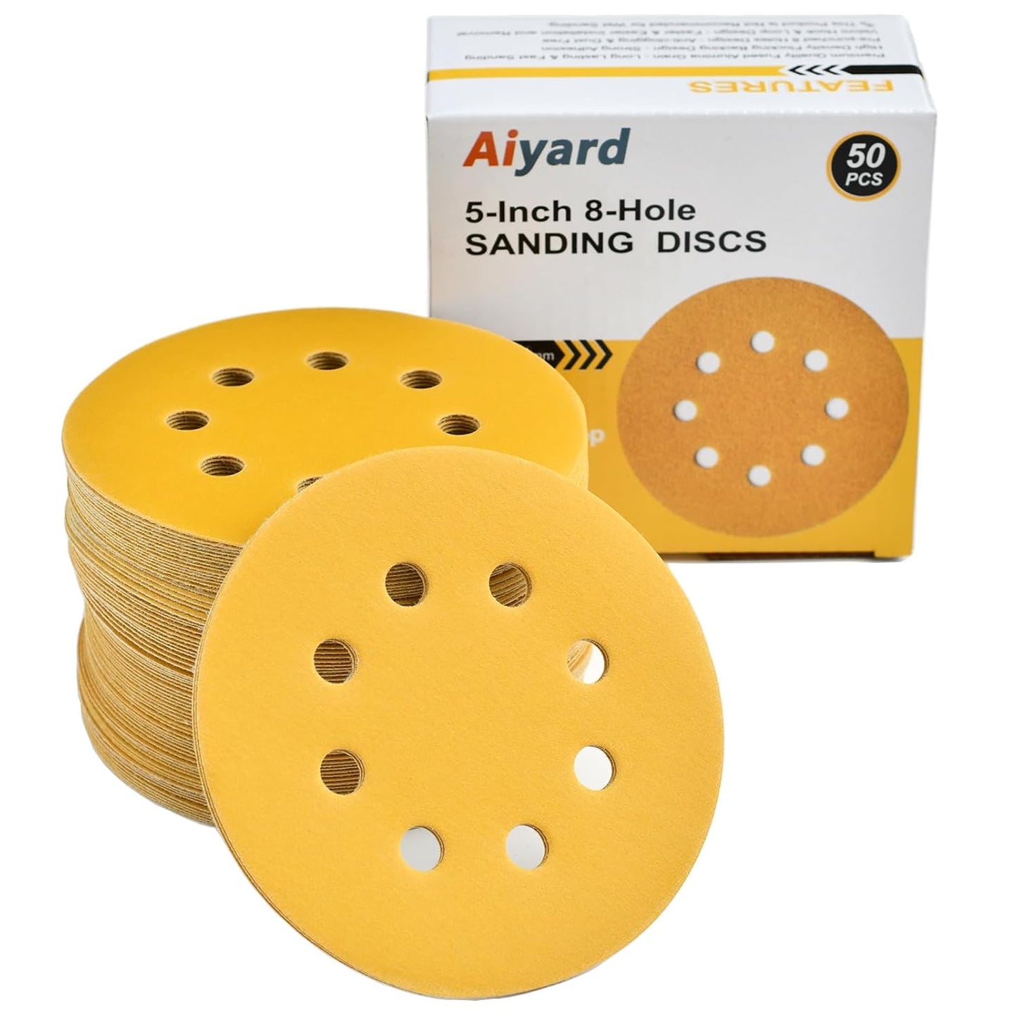 5-Inch 8-Hole Hook and Loop Sanding Discs 400-Grit Random Orbit Sandpaper, 50-Pack