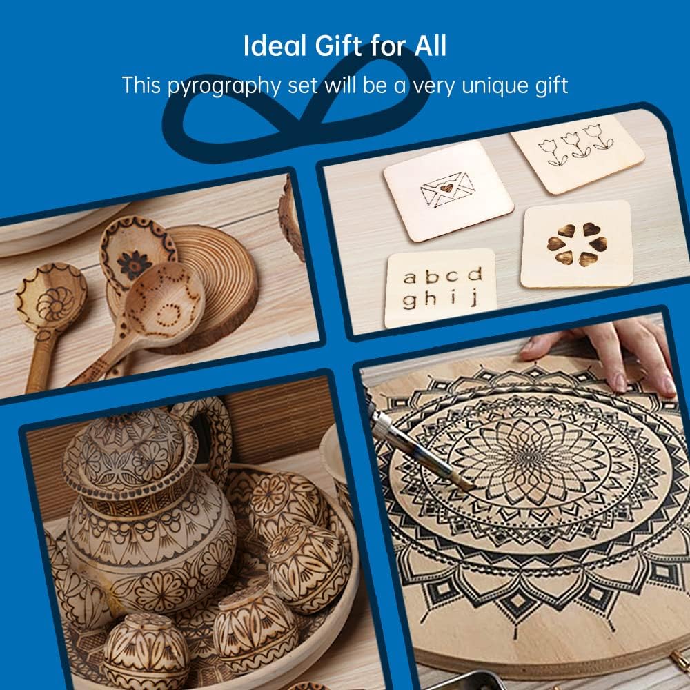 Goodcrafter Pyrography Pen 2-IN-1 Wood Burning Kit 101-IN-1,200~480°C (withTemp Display)/Wire-Nib 250~750°C Temp adjustable with 20 Nibs,53 Solid Points,12 Stencils and 15 Wood Chip(Mother's Day gift）