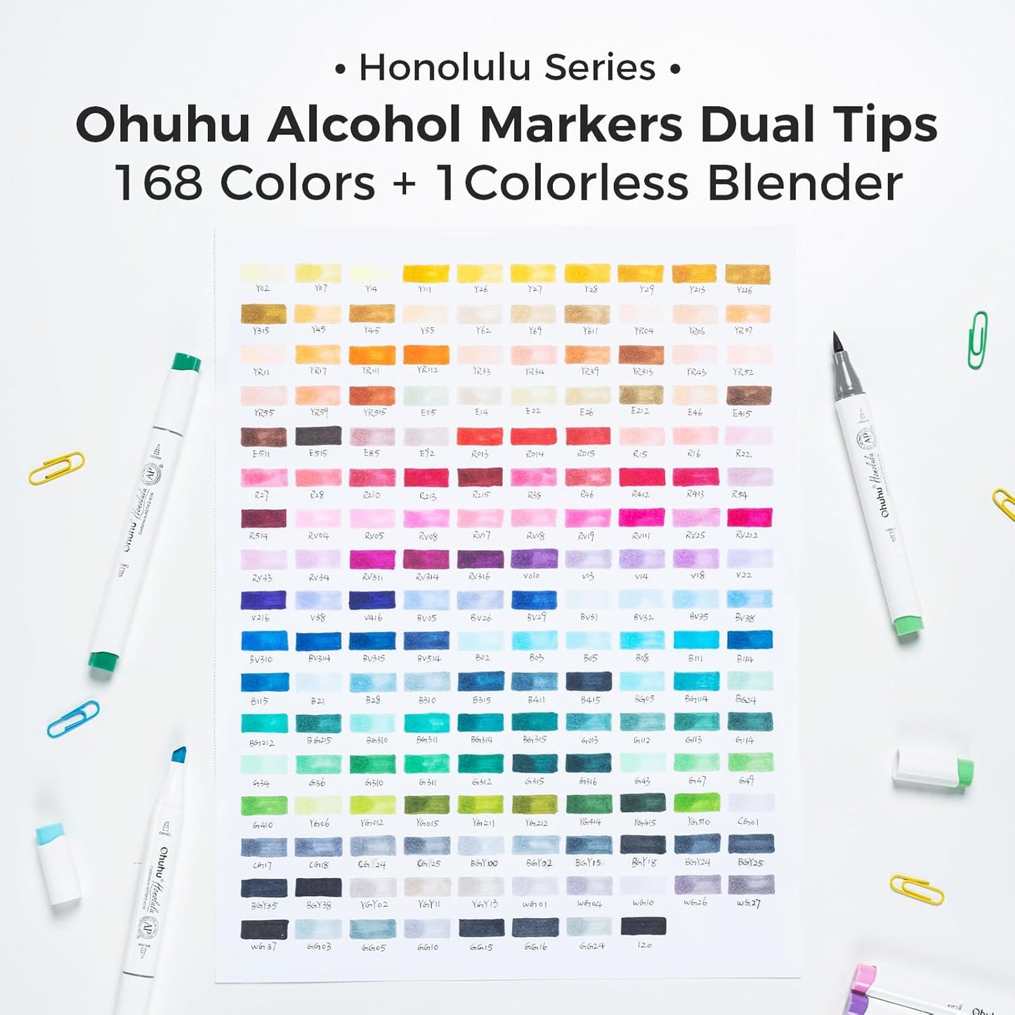 Ohuhu Alcohol Markers Brush Tip - 168-color Art Marker Set Double Tipped Alcohol-based Markers for Artist Adults Coloring Illustration- Brush & Chisel - Honolulu - Refillable Ink