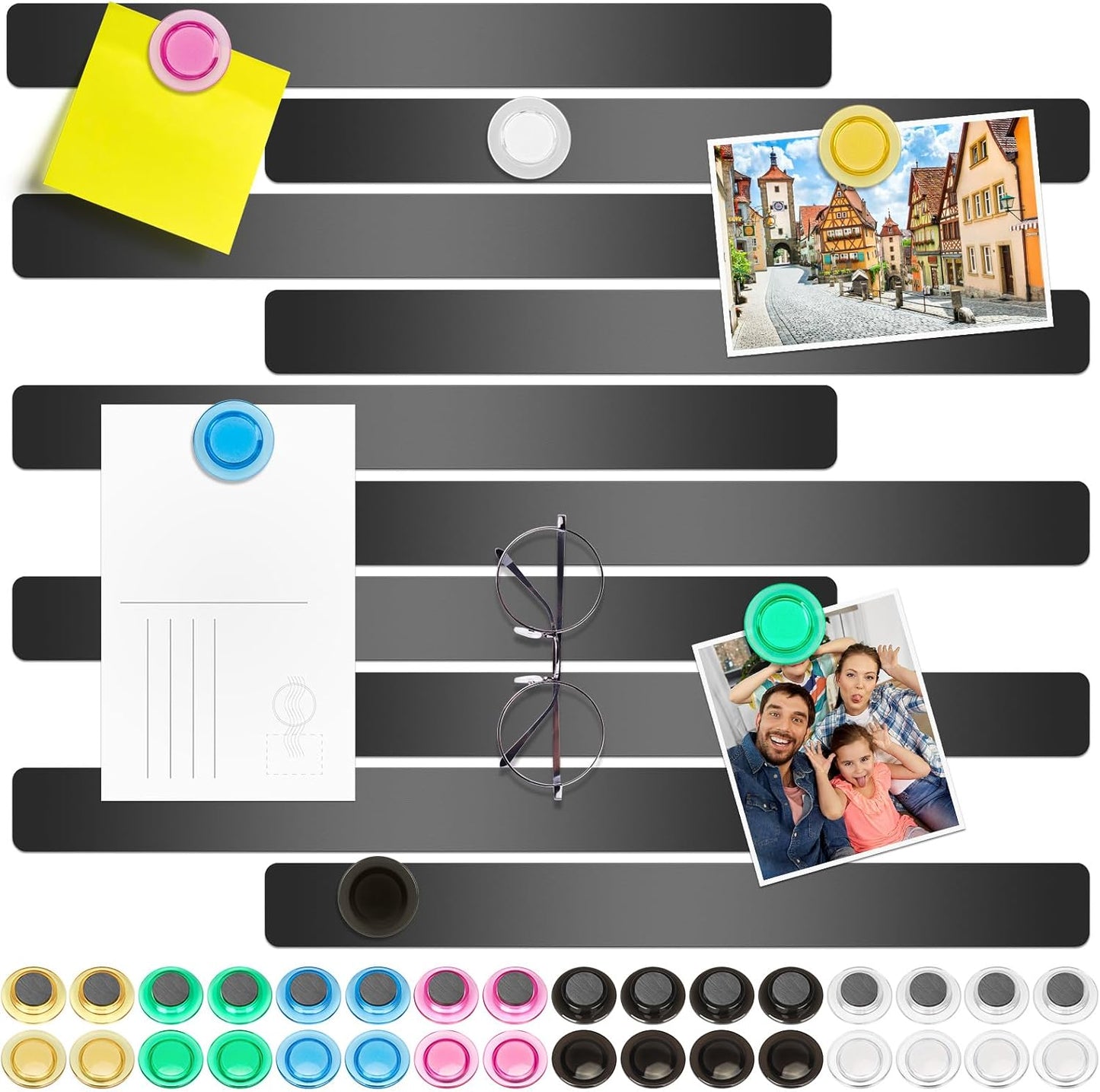 Wukong 10 Pack | 30x3cm(11.81 x 1.18) Magnetic Stainless Black Boards Strips, Adhesive Backing Bulletin Bar Board, Memo Board with 32Pcs Colorful Magnets for Office, Home, Photo Wall, Documents