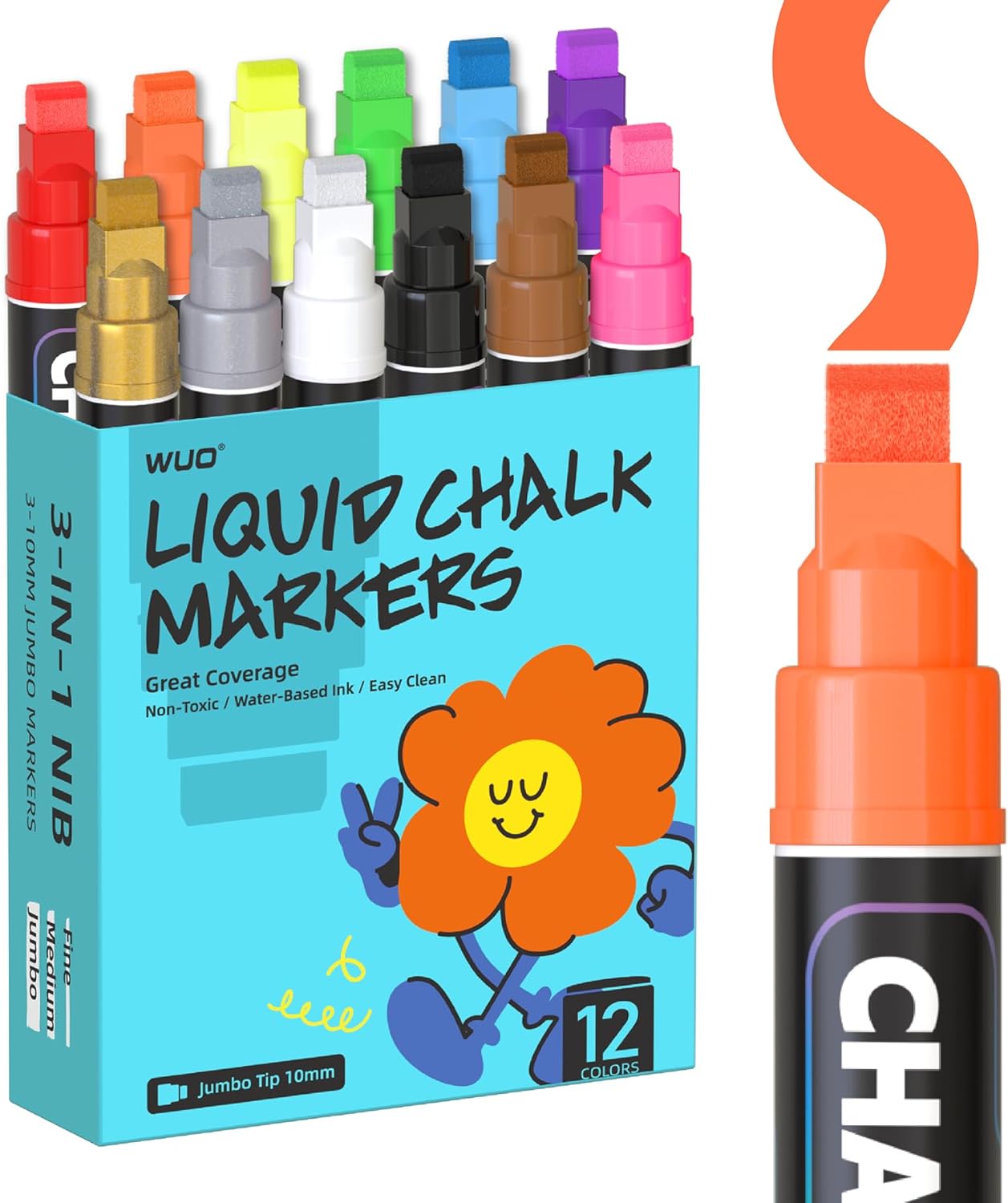 WUO Window Chalk Markers,12 Colors Car Markers,10mm 3-In-1 Jumbo Wide Nib, Dust-Free & Non-Toxic - Erasable Blackboards Marker For Rock Painting, Poster, Stone, Ceramic, Glass