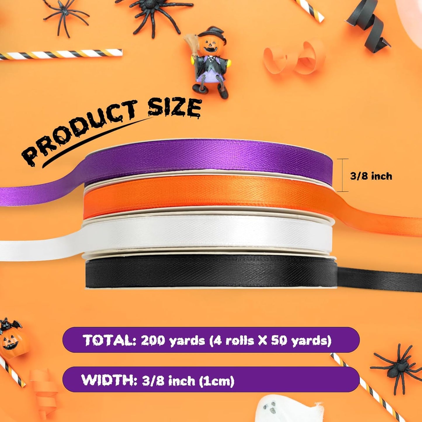 4 Rolls 200 Yards Halloween Ribbon, 3/8 Inch Polyester Satin Ribbon for Gift Wrapping, Halloween, Christmas and Birthday Party Decoration, Craft, Flower Bouquet, Sewing(Orange, Black, White, Purple)