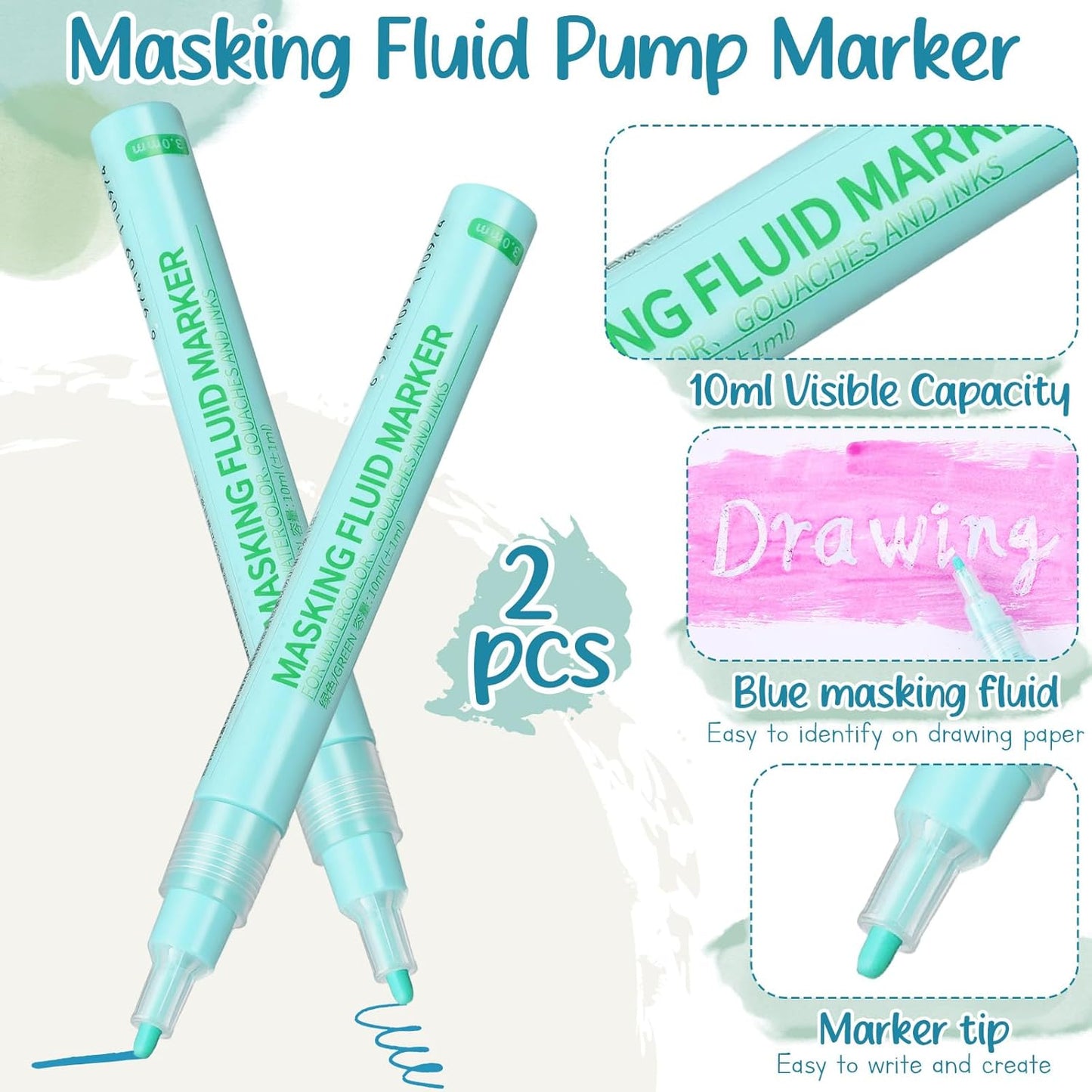 2 Pcs Masking Fluid Pen for Watercolor Painting, Capacity with Applicator Tip, Masking Fluid Marker for Various Art Projects Watercolor Ink(Green,3mm)