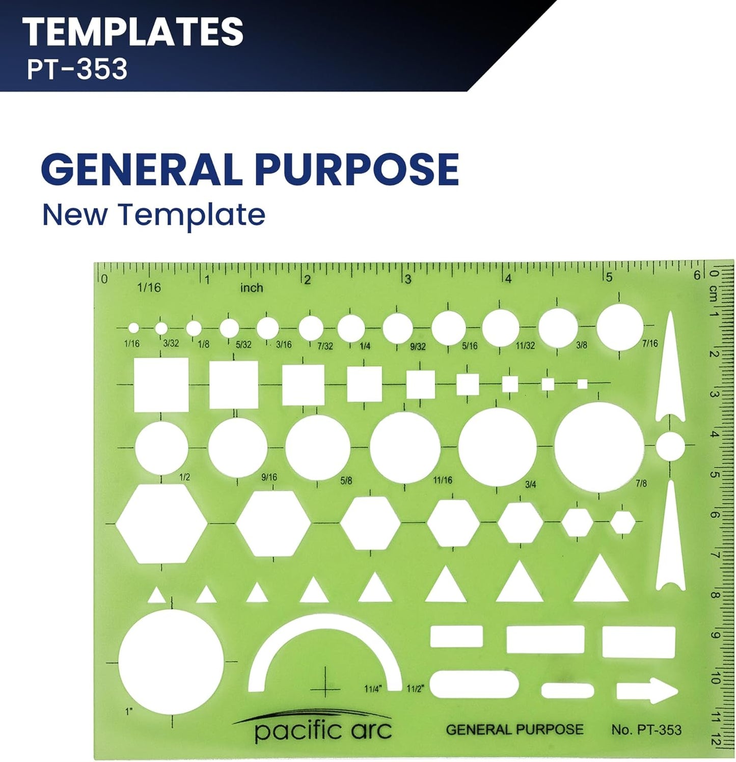 Pacific Arc - General Purpose Template - Drawing Aid Stencil for Professional or School Work - Size 3.87 x 6.5 inch