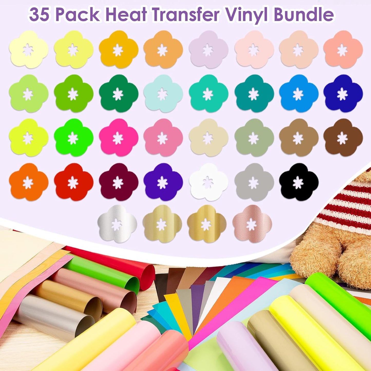 VINYL FROG Heat Transfer Vinyl Bundle 35 Colors HTV Vinyl Sheets 12" x 10" Iron on Vinyl Multicolor Heat Press Vinyl for DIY T-Shirts Fabrics