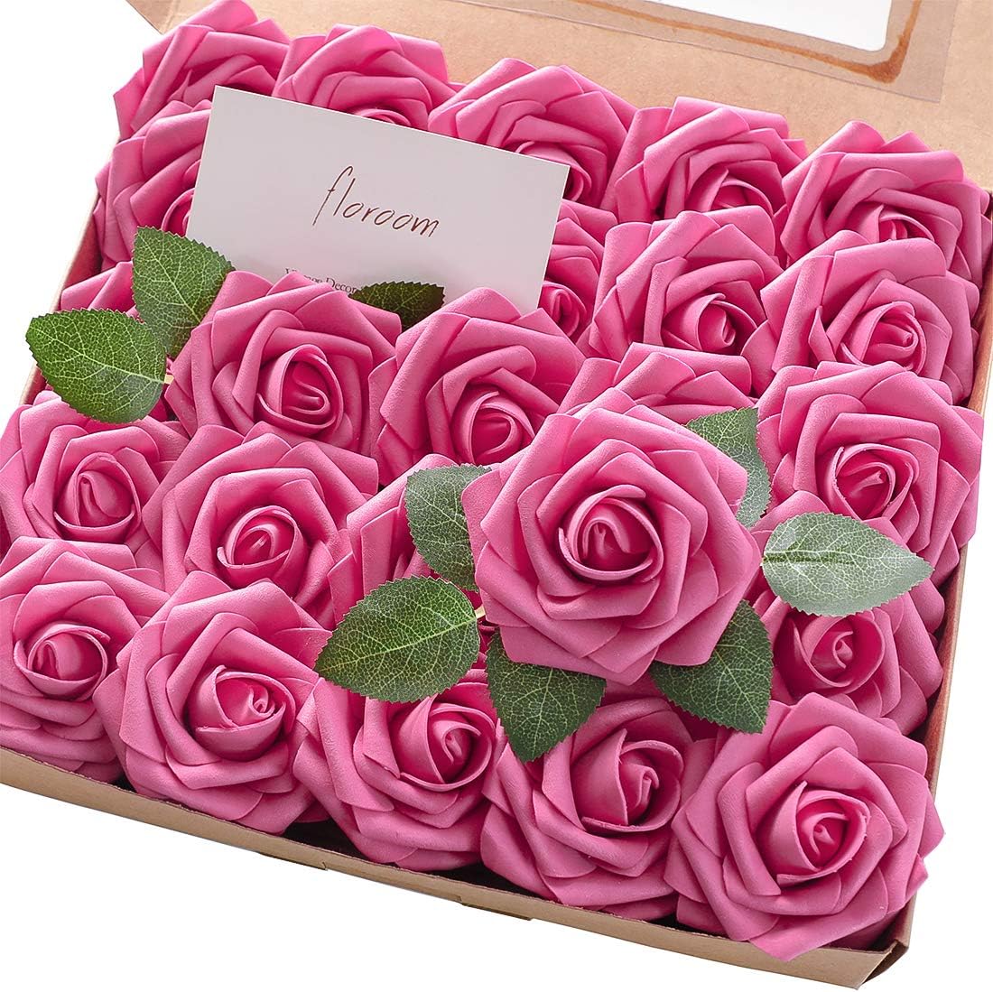 Floroom Artificial Flowers 50pcs Real Looking Hot Pink Foam Fake Roses with Stems for DIY Wedding Bouquets Baby Shower Centerpieces Floral Arrangements Party Tables Home Decorations