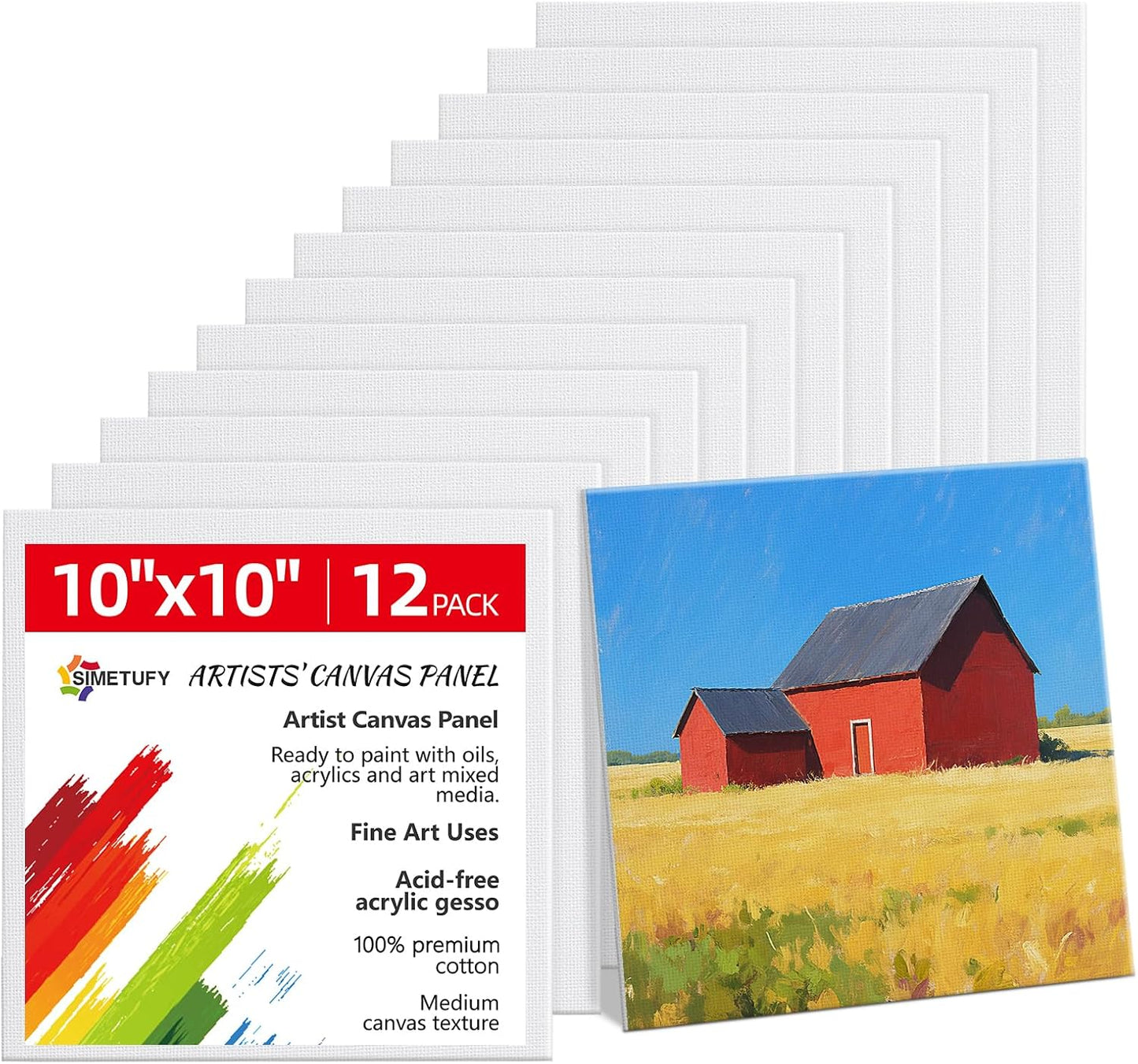 Simetufy 10x10inch Square Canvas Boards for Painting, 12 Pack Paint Canvas Panels Cotton Primed Acid Free for Acrylic, Watercolor, Gouache& Oil