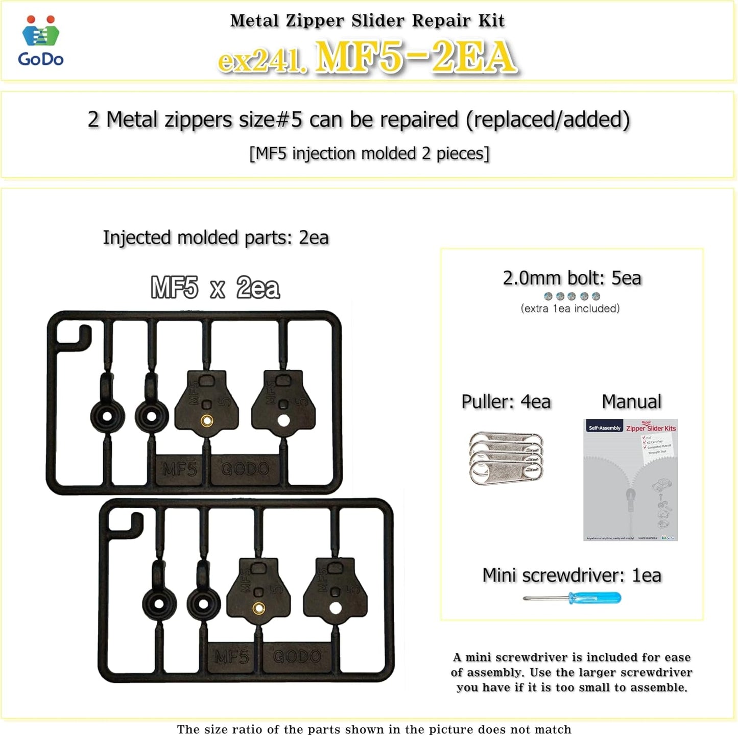 GODO MF5-2EA Metal Zipper Slider Repair Replacement Kits - #5 Single or Double Puller