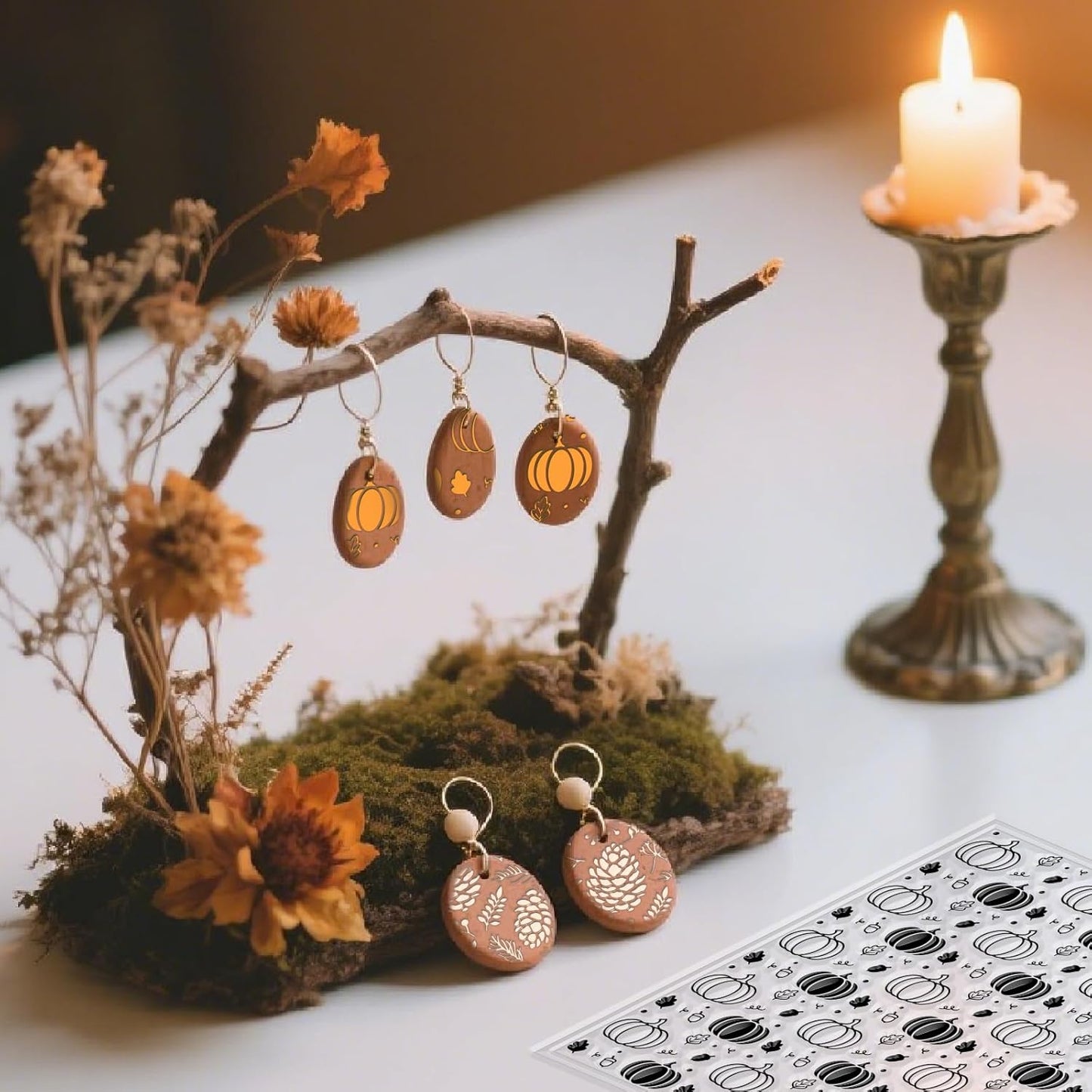 CHGCRAFT 4Pcs Pumpkin Maple Leaf Polymer Clay Texture Sheet Pinecone and Mushroom Autumn Silicone Clay Texture Mat for Polymer Clay Making Earrings Jewelry DIY Crafts 5.5 × 5.5 Inch