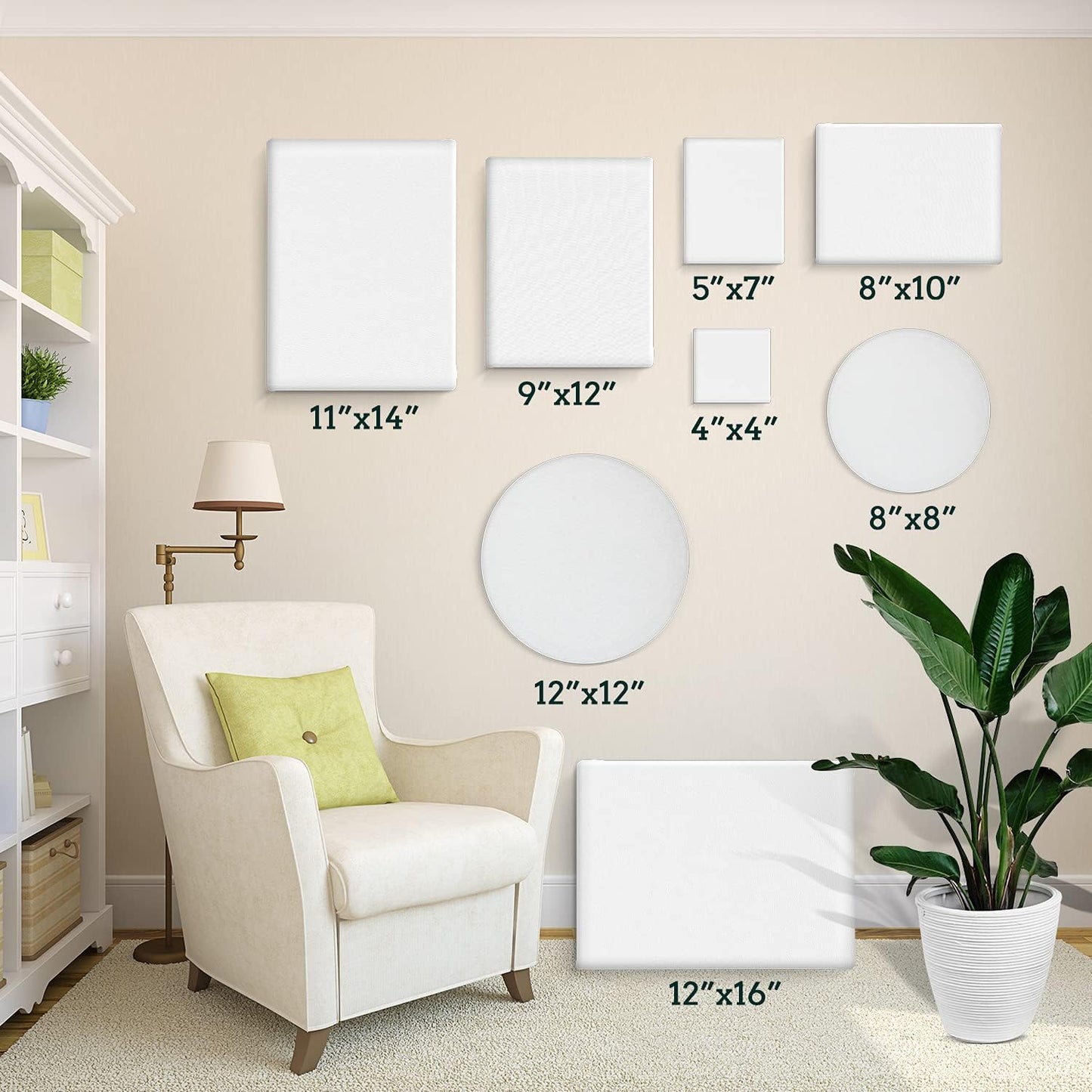 24 Pack Canvases for Painting with 4"x4", 5"x7", 8"x10", 9"x12", 11"x14", 12"x16", Round Canvas with 12"x12", 8"x8", 3 of Each, Painting Canvas for Oil & Acrylic Paint.