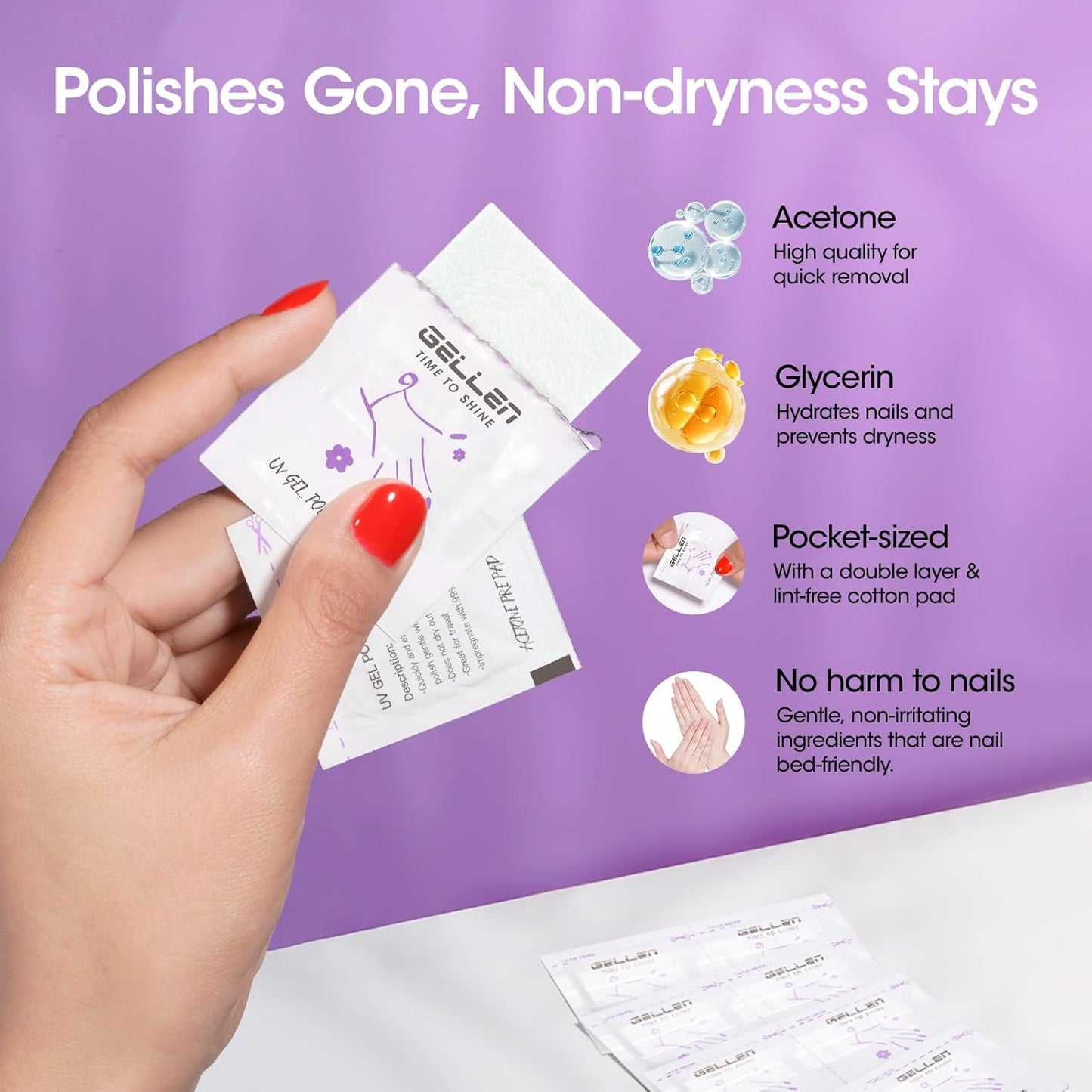 Gellen 100 Pack Gel Polish Remover and Nail Cleanser Pads, Acetone Nail Polish Remover Pads, Alcohol Wipes for Nails, Quick & Easy Removal, Individually Wrapped Travel Set for Perfect Nail Art