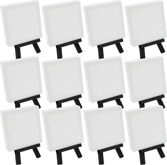 U.S. Art Supply 3" x 3" Stretched Canvas with 5" Mini Easel Kit (12 Pack) - Black Wooden A-Frame Tabletop Display Stand, Mini Easel Stand - Small Easels for Display, Small Canvases, Crafts, Photos