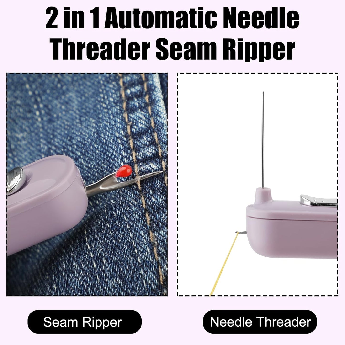 Needle Threaders, 2 in 1 Plug-in Needle Threader Seam Ripper Tool, Automatic Stretchable Seam Rippers for Sewing, Hand Quilling Supplies,Embroidery Stitch Removal (Purple/Yellow)