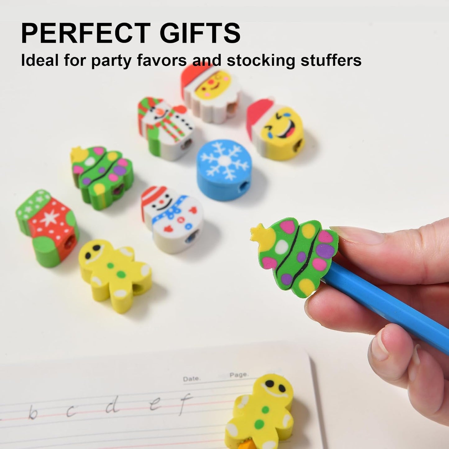 HILAZA 42Pcs Christmas Pencil Top Erasers for Kids Bulk, Cute Eraser Toppers Pencil Cap Erasers for Stocking Stuffers Goodie Bags Stuffers Holiday Party Favors