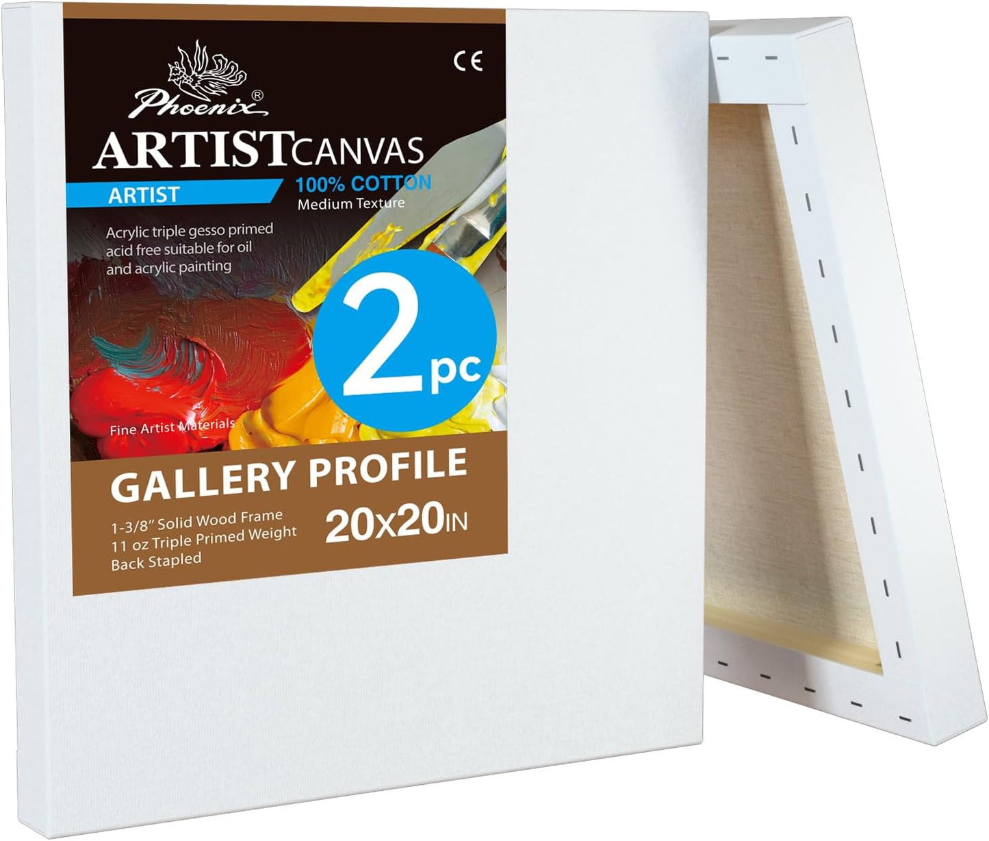 PHOENIX 20x20 Inch 2 Pack Gallery Canvas - 1.5 in Thick Large Square Canvases for Painting - Deep Edge 100% Cotton 11 Oz. Gesso Primed White Blank Professional Canvas Oil & Acrylic Paints