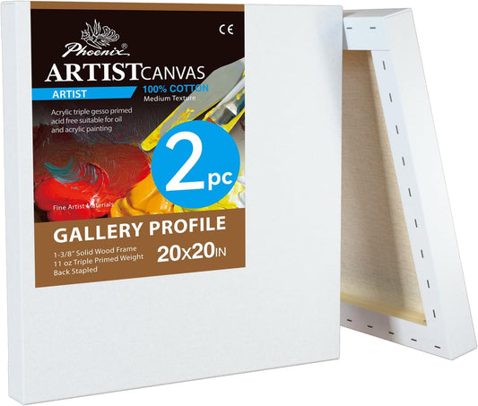 PHOENIX 20x20 Inch 2 Pack Gallery Canvas - 1.5 in Thick Large Square Canvases for Painting - Deep Edge 100% Cotton 11 Oz. Gesso Primed White Blank Professional Canvas Oil & Acrylic Paints