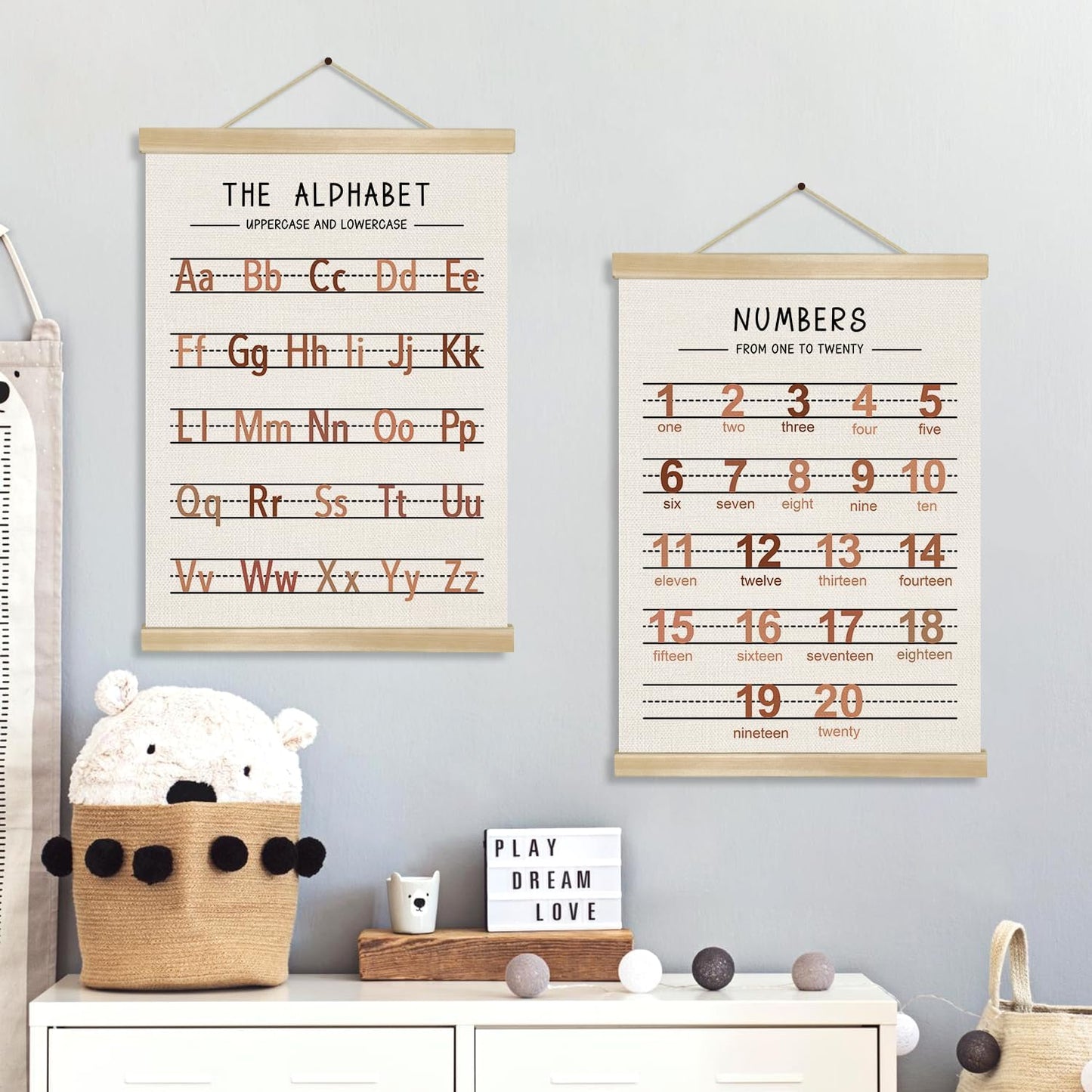 Alphabet and Numbers Wall Chart Set of 2 ,Kids Educational Posters,ABC and 1-20 Number Learning Banners for Toddlers, Preschool Classroom, Homeschool, Nursery, Playroom Decor 14 x 18.5 Inch (Brown)