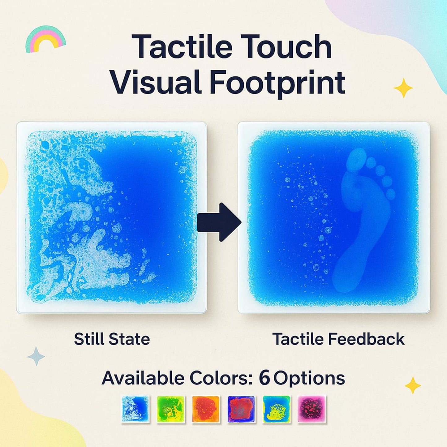 Liquid Sensory Floor Tiles for Kids Ages 3+, 12" Step-On Tiles with Non-Slip Base, Interactive Color-Flow, Assorted Colors, Classroom Sensory Path Set (6-Pack)
