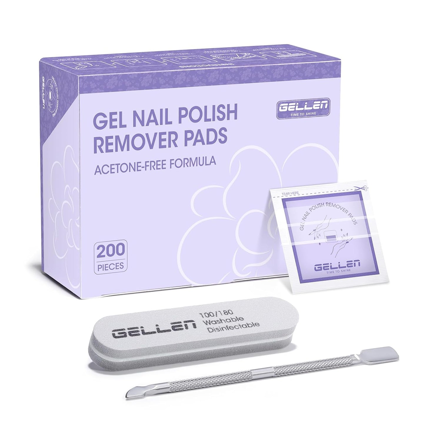 Gellen 200 Pack Nail Polish Remover Pads, 100% Non-Acetone, Travel Individually Wrapped Remover Pads for Regular Nail Polishes & Gel Polish, Lavender Oil No Drying Out for Home Salon