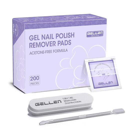 Gellen 200 Pack Nail Polish Remover Pads, 100% Non-Acetone, Travel Individually Wrapped Remover Pads for Regular Nail Polishes & Gel Polish, Lavender Oil No Drying Out for Home Salon