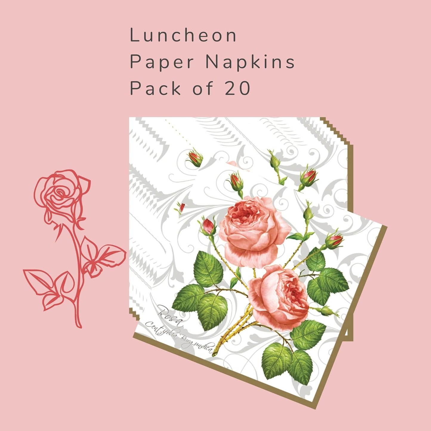 20-ct 13x13 Flowers Paper Luncheon Decoupage Napkins, 3-Ply Servilletas Printed Baby Roses Cocktail Napkin for Art, Dinner and Party, Disposable Napkins Decor