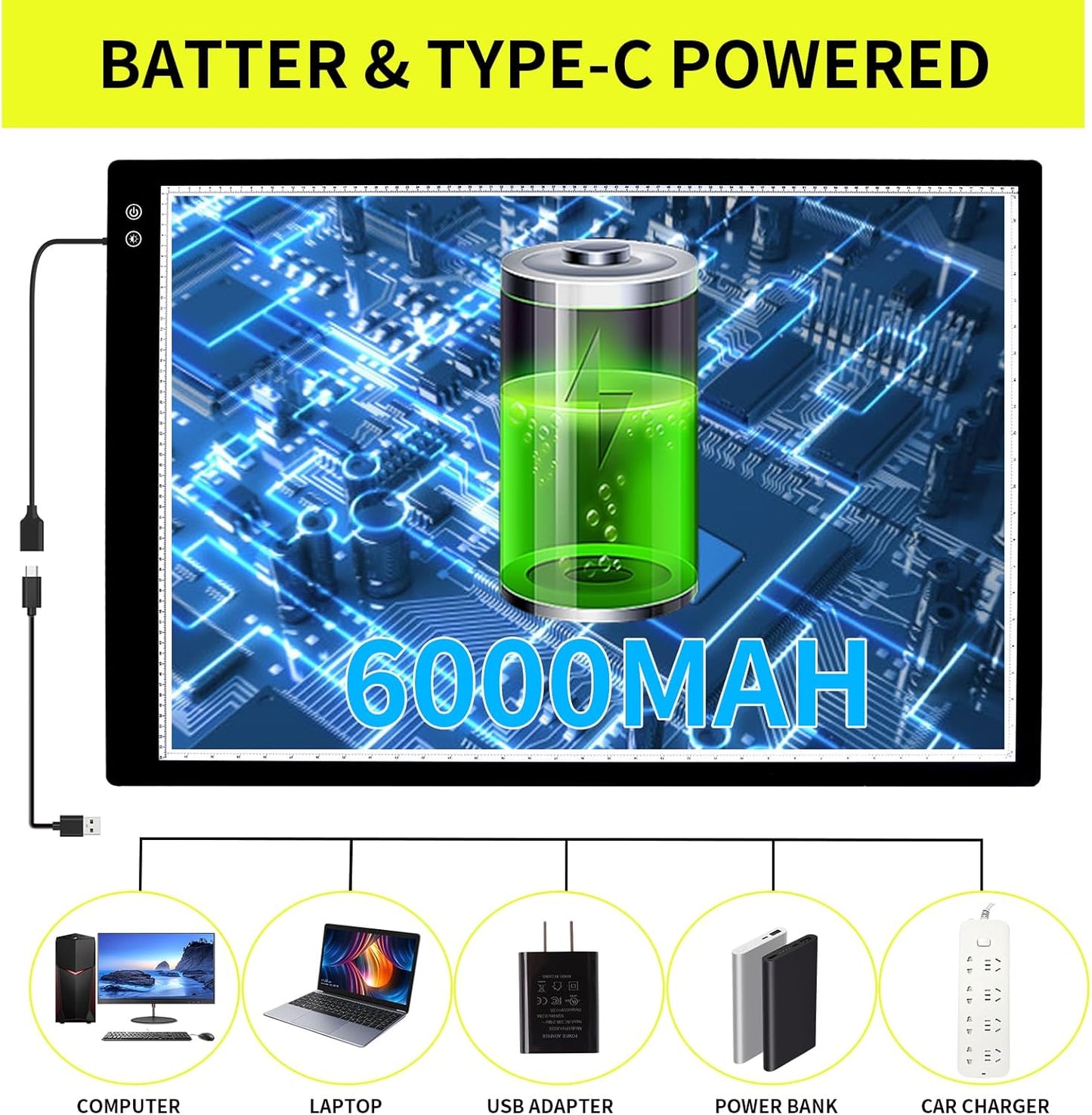 YINGWOND A1 Large Rechargeable Light Pad,Diamond Art Light Board with 3 Color Modes,6 Levels and Stepless Dimming,Battery Powered Light Box for Tracing,Diamond Painting,Drawing,Sketching