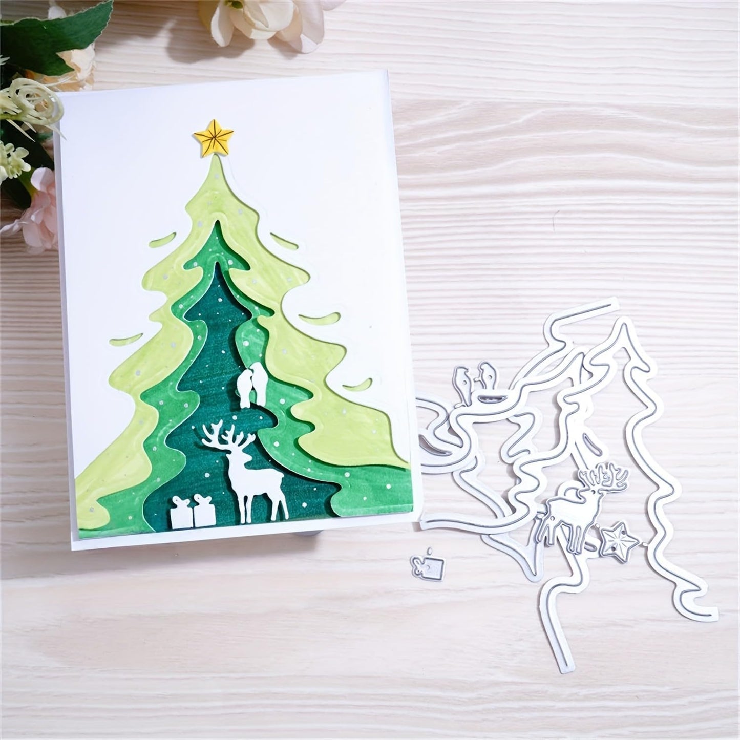 Festivals Metal Cutting Die for Scrapbooking, Christmas Cut Stencils for DIY Scrapbook Photo Album Decorative Paper Card, Card Making Supplies, Embossing (Tree & Fawn 6.1 x 4.2 in)