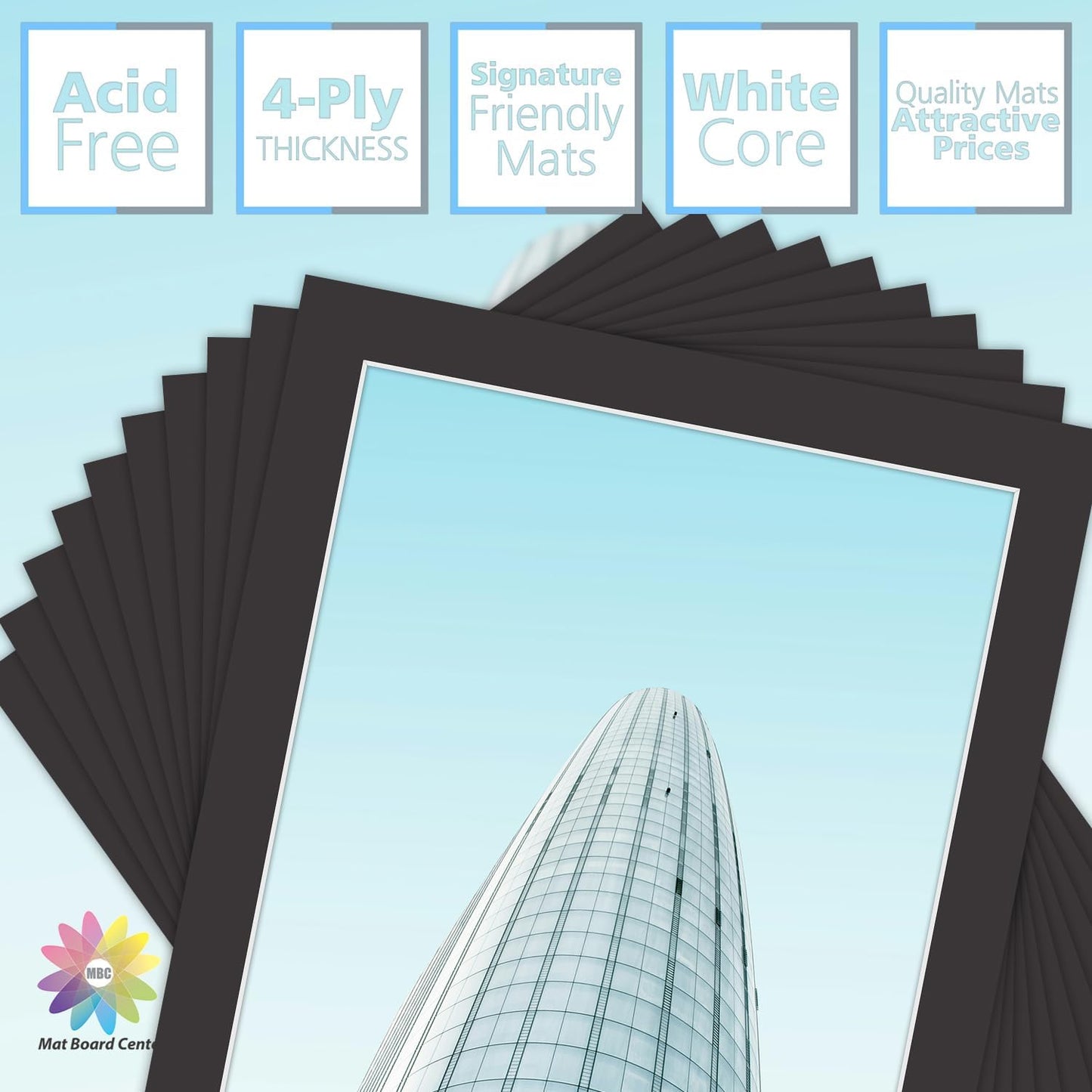 MBC MAT BOARD CENTER, 10 Pack 8x10 for 7x9 Black Picture Mats Frame Mattes, Bevel Cut, Acid Free, 4-ply Thickness