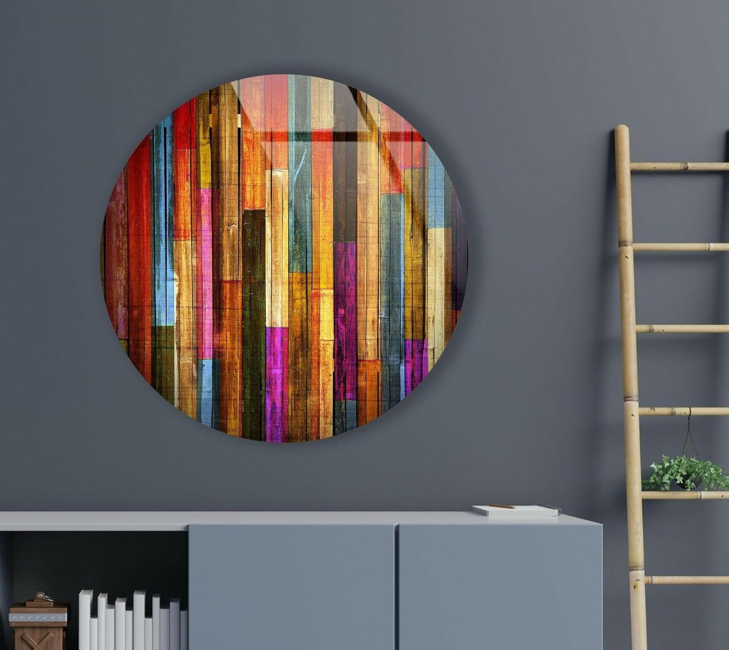 My Photostation.com 15.8''(40cm) Diameter Colorful Wood Pattern Round Glass Wall Art Tempered Glass Printing Wall Decor Large Wall Art Wall Hangings
