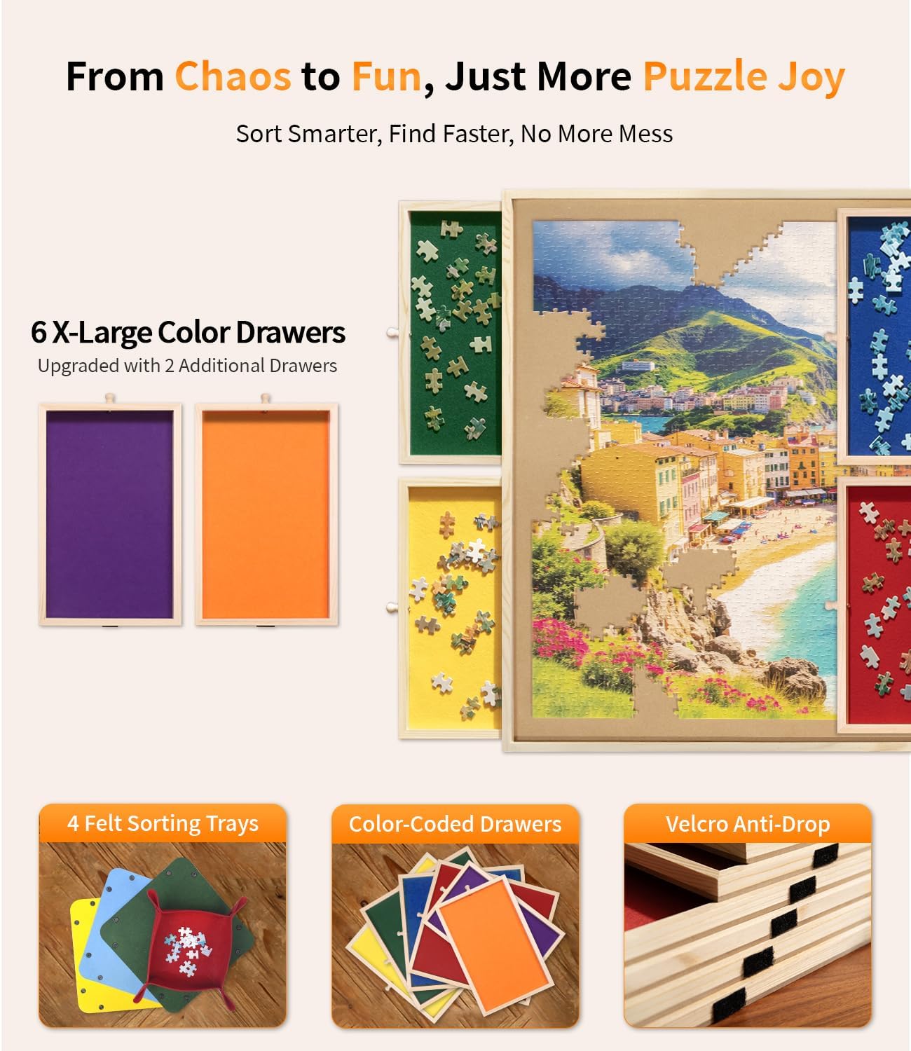 2000 Piece Rotating Puzzle Board Pro, 40" x 29" with 6 Drawers, Rubber Cover Mat, 360° Lasy Susan, Sort-Wise Colorful Felt Drawers & 4 Trays, Wooden Jigsaw Puzzle Table, Birthday Gifts for Mom