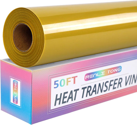 RENLITONG Gold HTV Iron on Vinyl 12Inch by 50ft Roll - Easy to Cut & Weed for Heat Vinyl Design