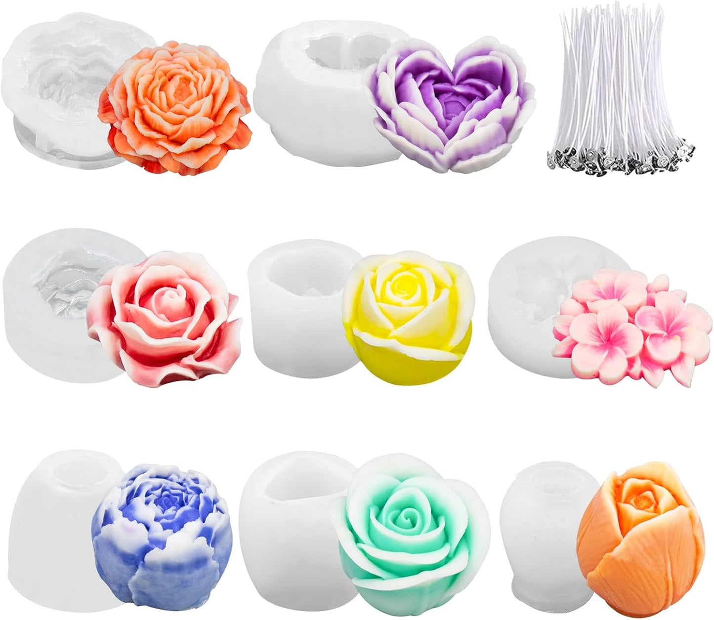 8Pcs Rose Flower Tulip Peony Heart Candle Soap Wax Mold Valentine Day Silicone for Small Butter Candles Chocolate Making Molds Silicones Shapes Moldes De Rosas Silicona para Velas