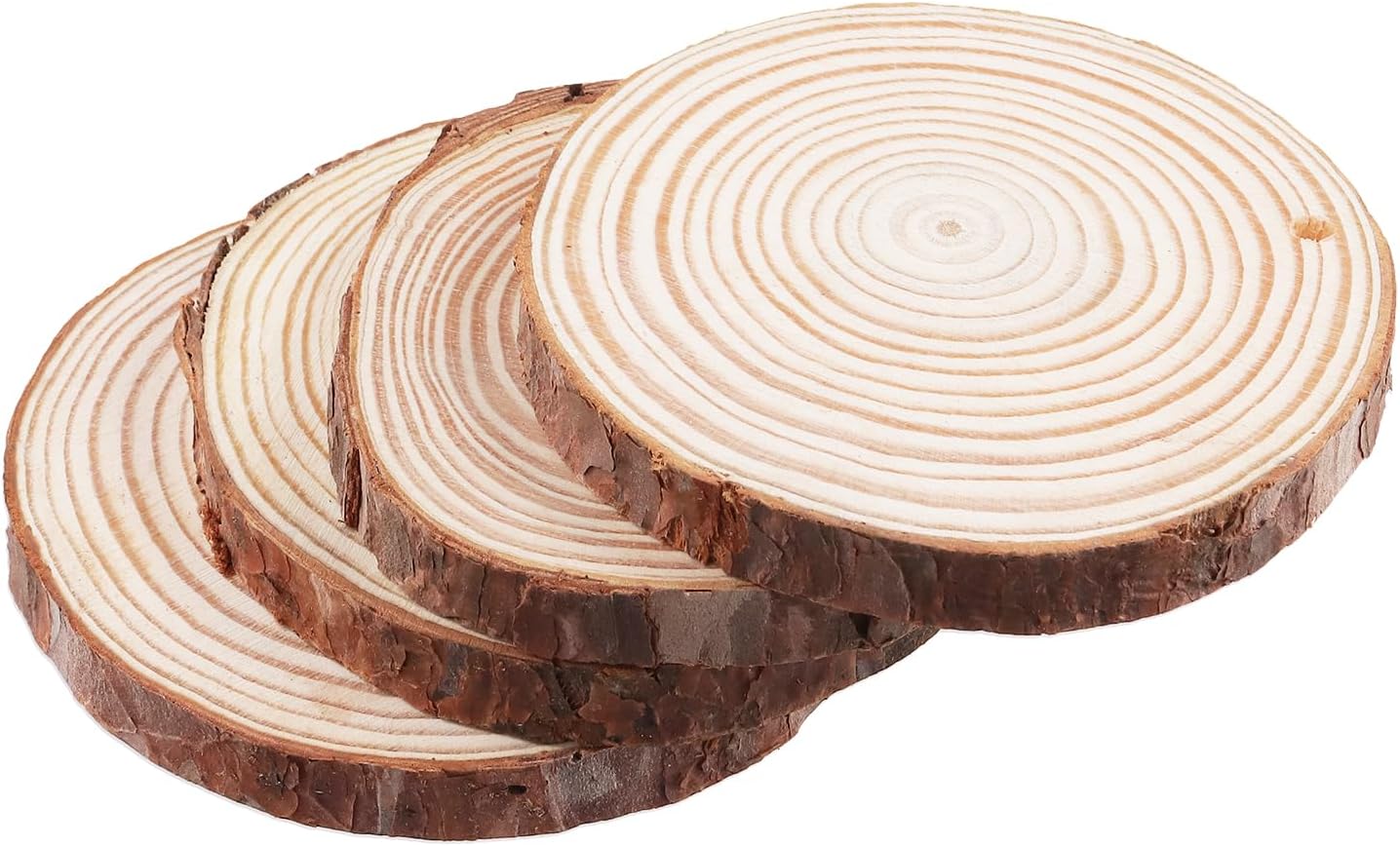 60 Pieces Wood Slices with Hole, 3.5-4 Inch Unfinished Round Wooden Circles with Bark for DIY Crafts, Wedding Centerpieces