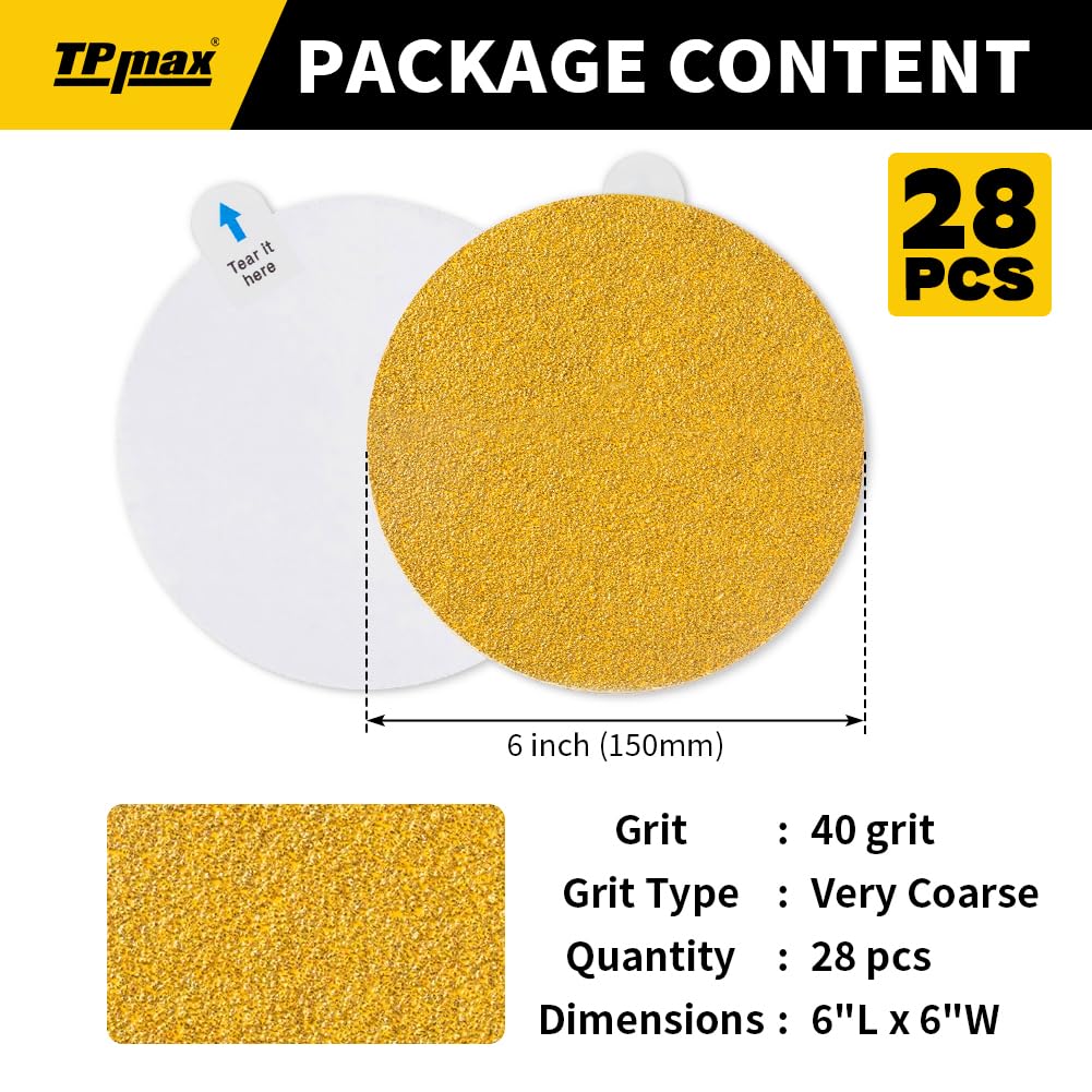 6-Inch 40-Grit Gold PSA Sanding Discs, 28 Pack – Pro-Grade Self-Adhesive Stickyback Sandpaper with Quick-Release Tabs for DA Sander, Coarse Automotive/Wood/Metal Sanding