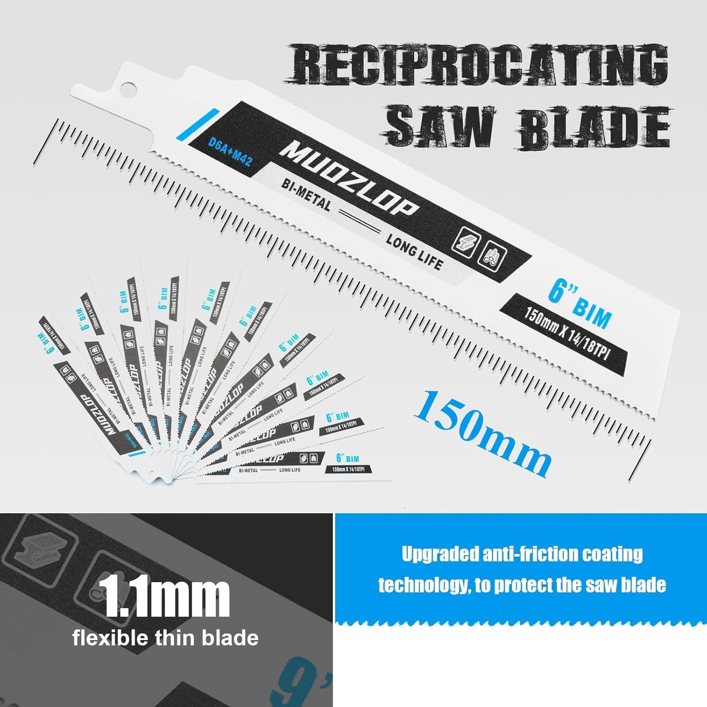 10 Pack 6inch Reciprocating Saw Blades Set,14/18 TPI High Carbon Saw Blades, Metal Saw Blades with Organizer Case (10, 14/18TPI/150mm)