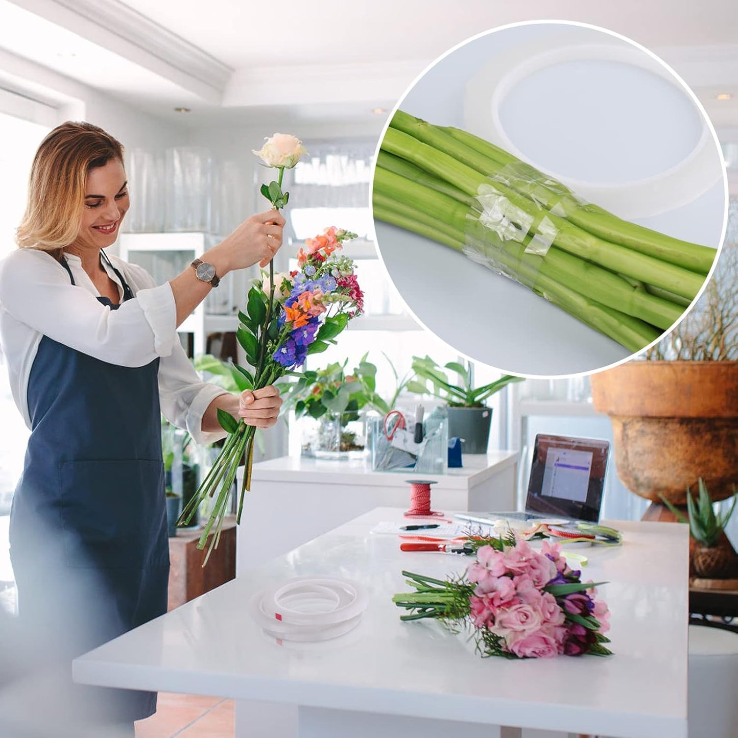 GLAMFIELDS 3 Rolls 1/4" 60Yd Floral Tapes,Clear Floral Tape,White Floral Tape for Bouquet Stem Wrap, Waterproof Florist Tape for Flower Arrangements Supplies Craft Corsages Wedding 60 Yd/Roll