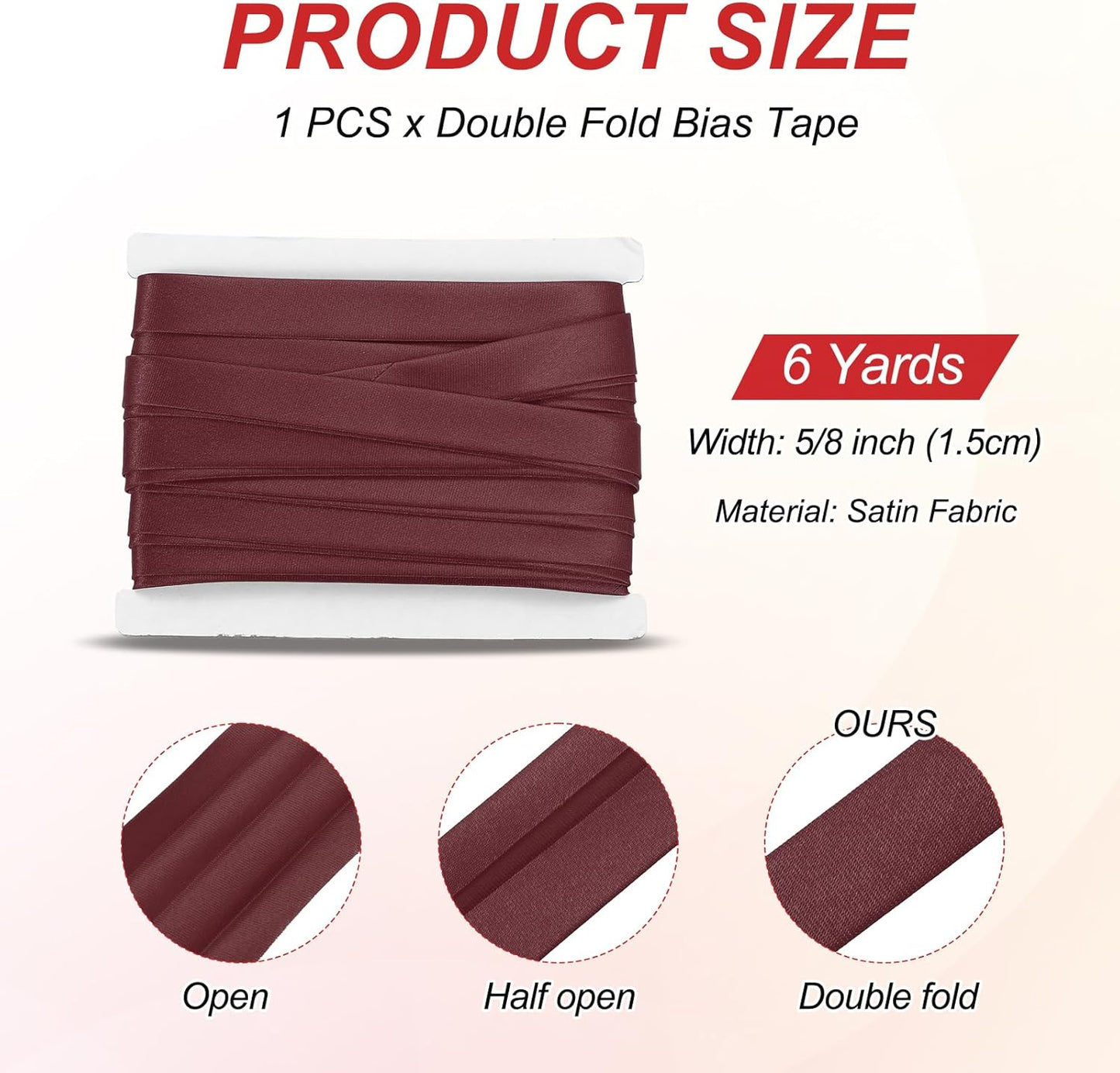 MECCANIXITY Double Fold Bias Tape for Sewing 5/8 Inch x 6 Yards Satin Pre-fold Continuous Binding Tape for Seaming Quilting Hemming Binding DIY Crafts, Wine Red