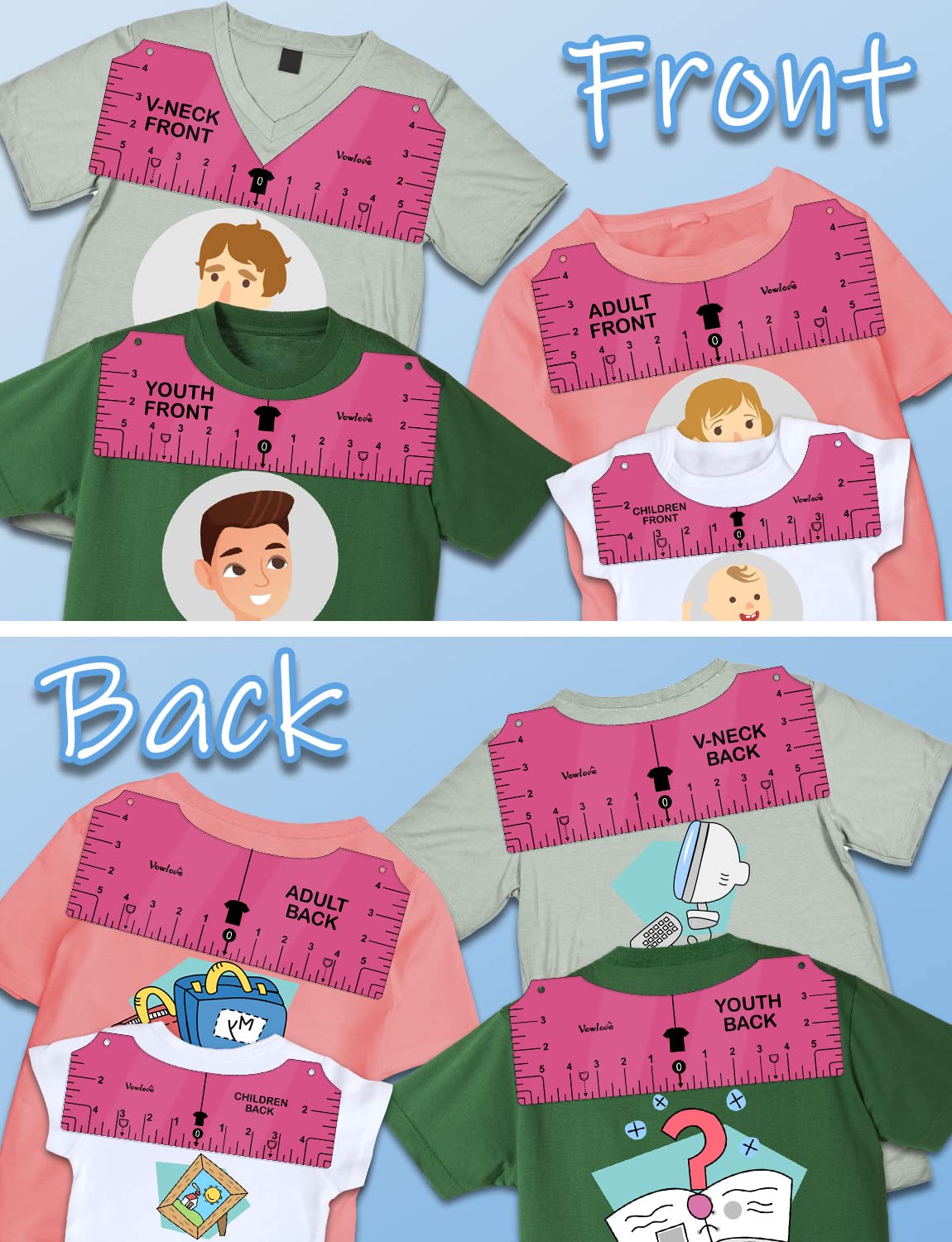 Vowlove Tshirt Ruler Guide for Vinyl Alignment: T Shirt Rulers to Center Designs, Tee Shirt Alignment Tools for Heat Press, Sewing Accessories HTV Heat Transfer Vinyl, V-Neck Front Back Measurement