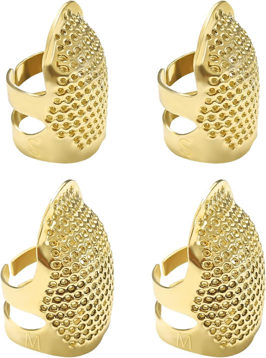 ZESION 4Pcs Sewing Thimbles, Adjustable Metal Thimbles for Hand Sewing Finger Protector, Quilting Craft Accessories for Knitting Needlework DIY Tools, Gold(2 Sizes, S/M)